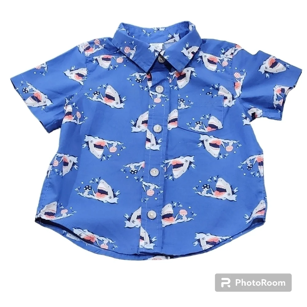 Old Navy Toddler Ping Pong Shark Button Down Short Sleeve Shirt Size 12/18M